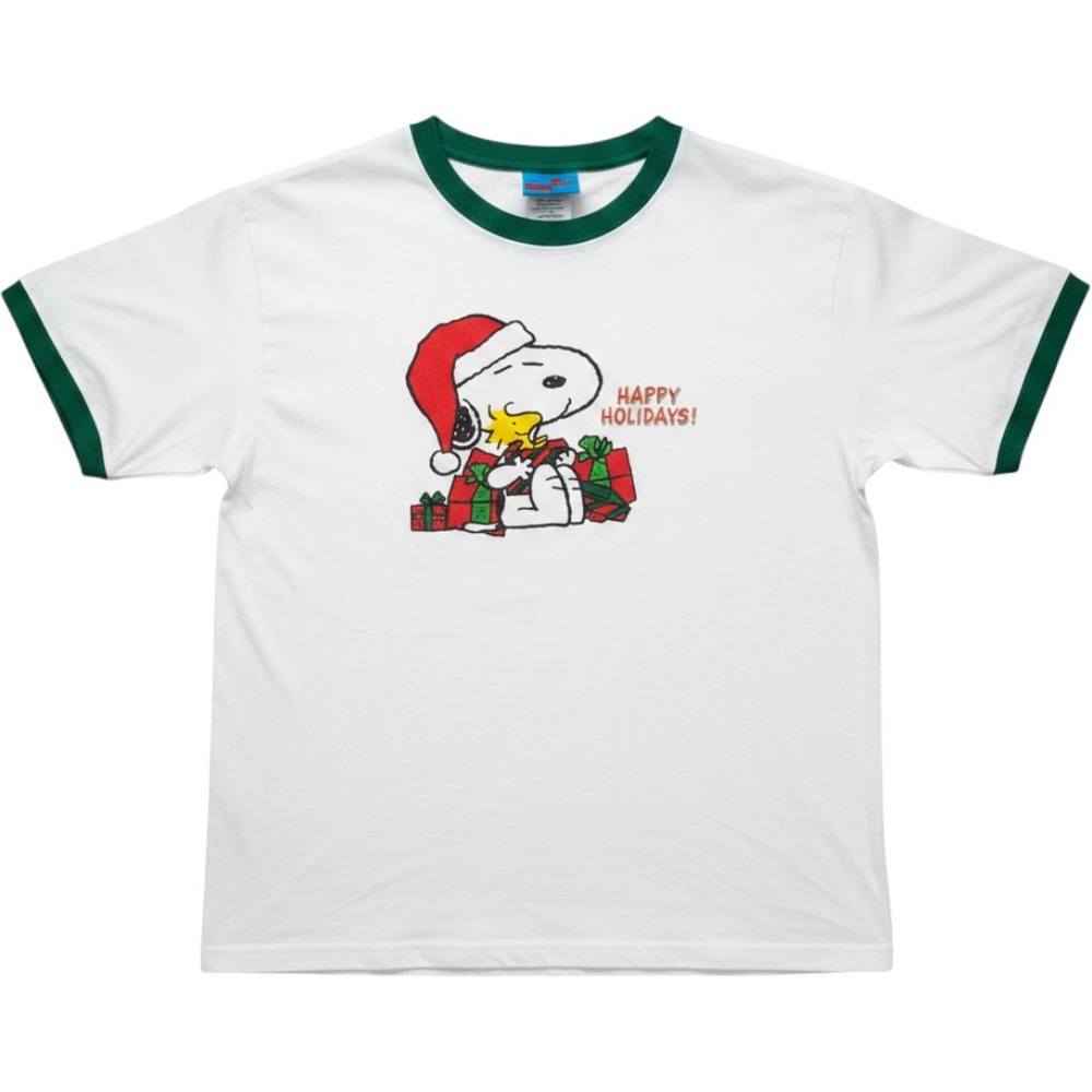 Peanuts Snoopy Woodstock Christmas Ringer T-Shirt White Green XL Happy Holidays